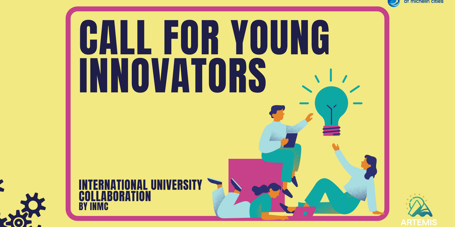 Gelbes Werbebild mit dem Titel "Call for Young Innovators" und dem Untertitel" International University Collaboration by INMC".
