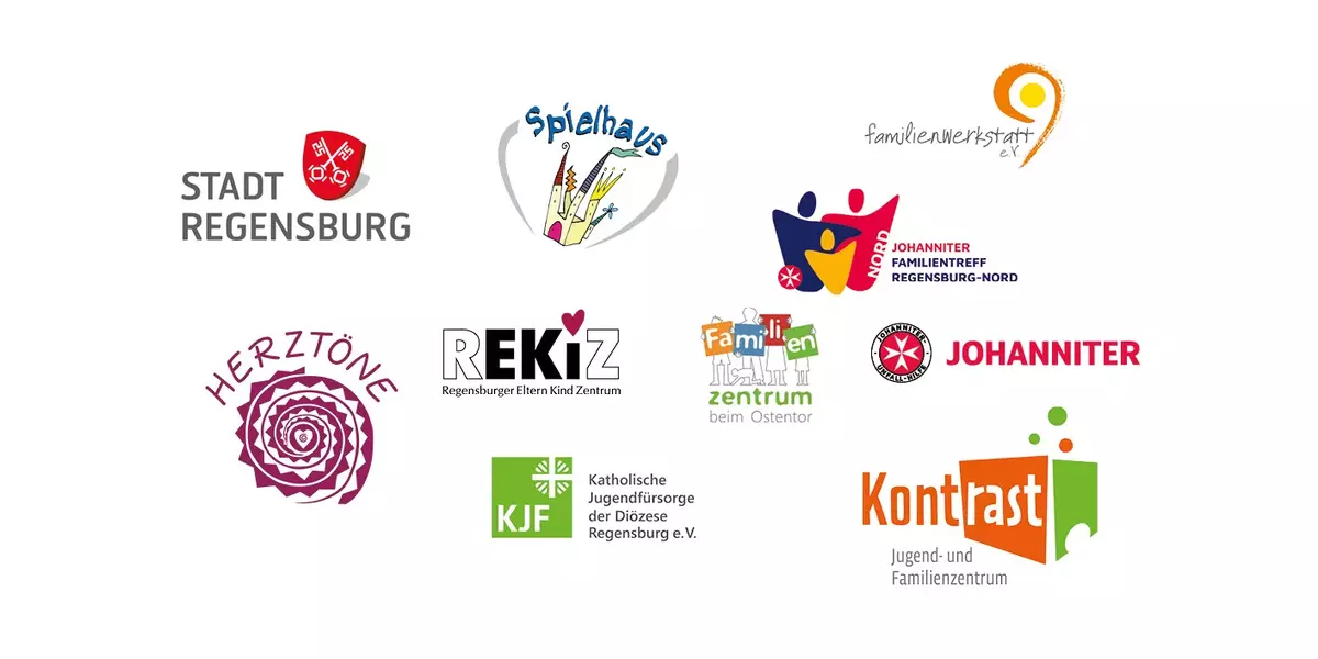 Logos verschiedener Familienzentren und der Stadt Regensburg.