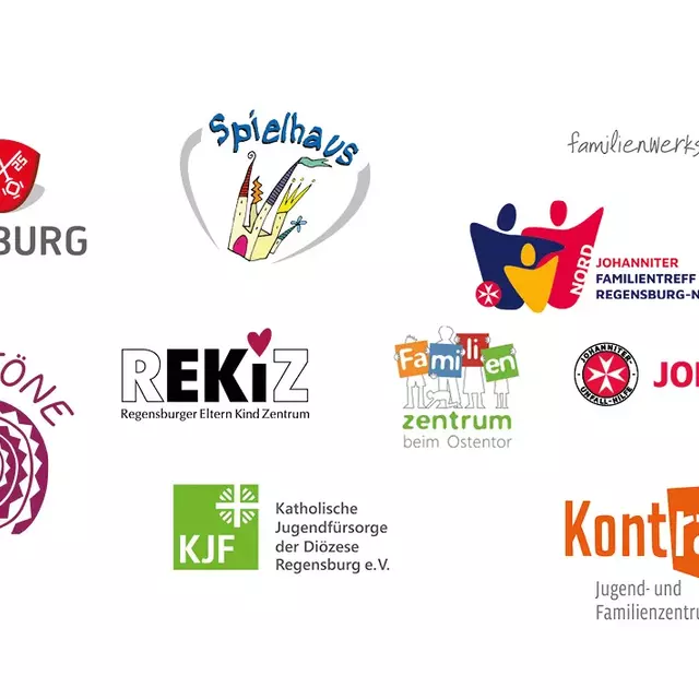 Logos verschiedener Familienzentren und der Stadt Regensburg.