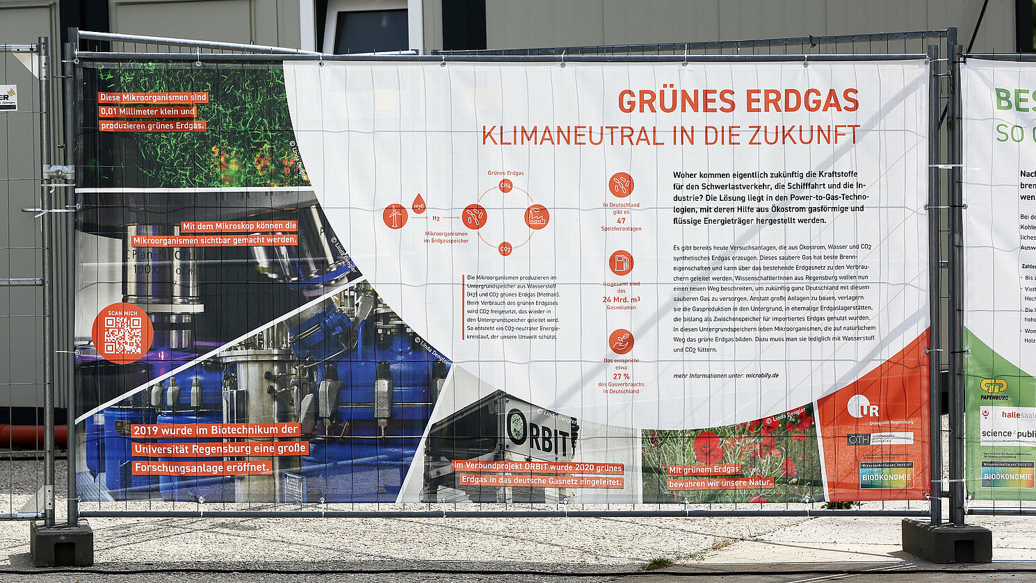 Grünes Erdgas – klimaneutral in die Zukunft: Dieses Bauzaunbanner illustriert in der Ausstellung das Verbundprojekt von Universität und OTH Regensburg.