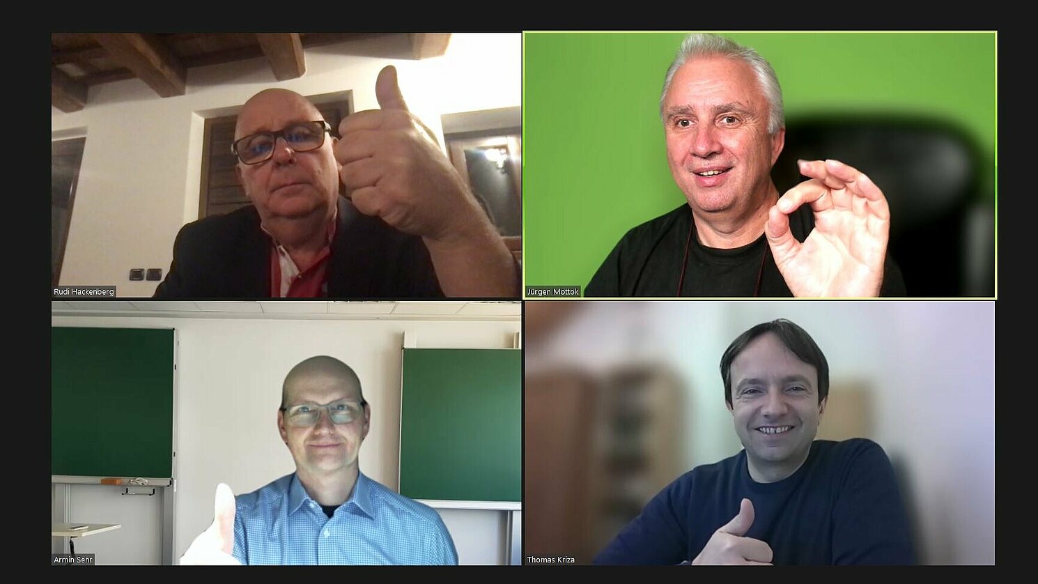 Die von der OTH Regensburg beteiligten Professoren Dr. Armin Sehr, Dr. Rudolph Hackenberg, Dr. Thomas Kriza und Forschungs-Prof. Dr. Jürgen Mottok beim virtuellen Kick-Off des Projekts.