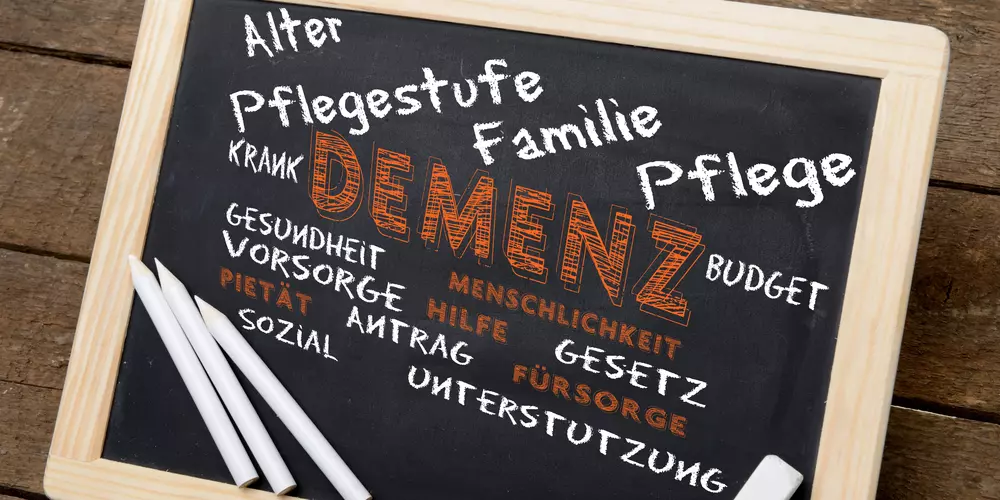 Schiefertafel mit hellen Holzrand. Darauf Begriffe wie Demenz (groß in der Mitte) und herum Familie, Pflege, Pflegestufen