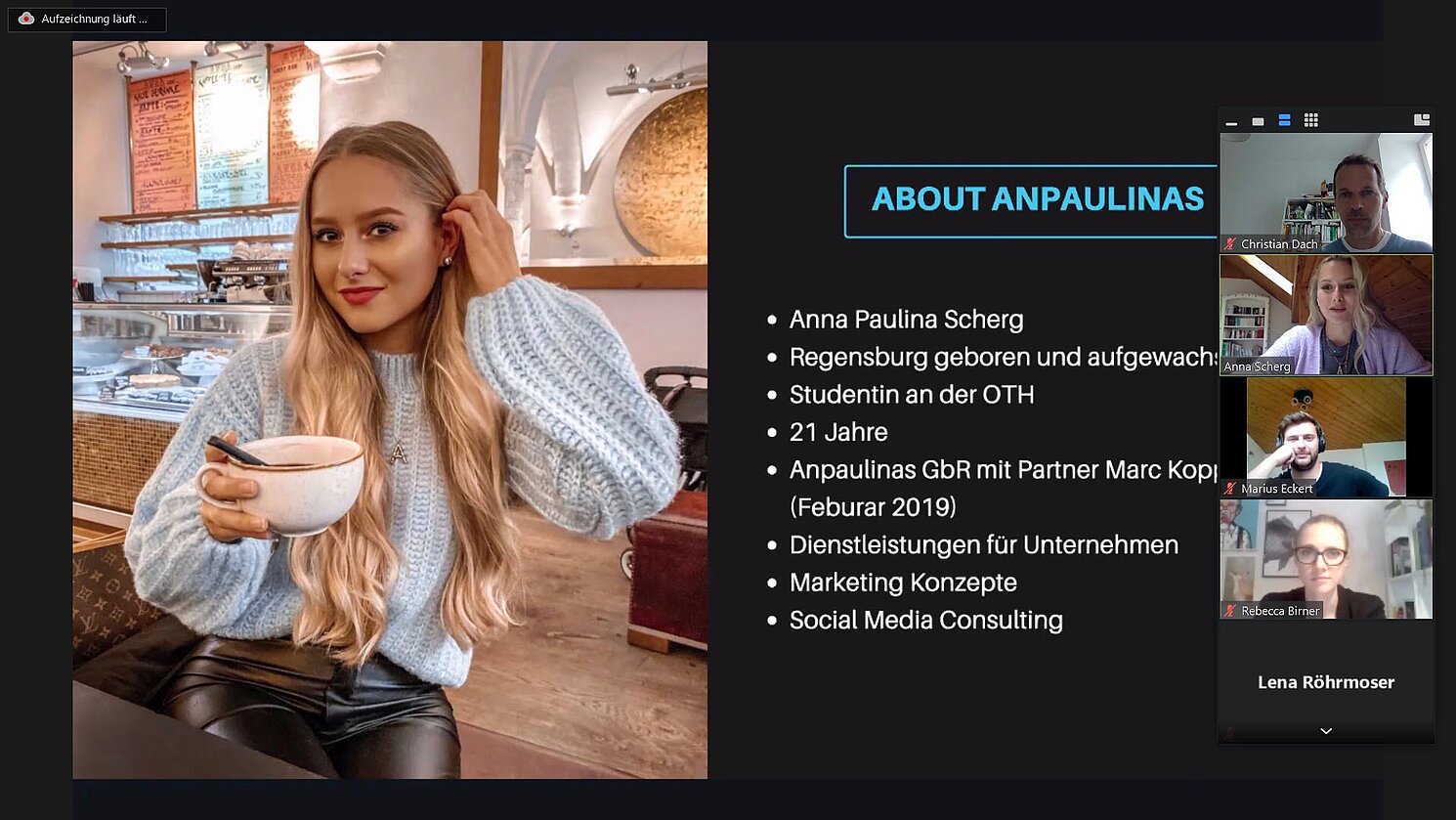 Virtueller Gastvortrag: Influencerin Anna Scherg sprach im Rahmen eines Seminars von Prof. Dr. Christian Dach über Influencer Marketing. Sie studiert derzeit an der OTH Regensburg Betriebswirtschaft. 