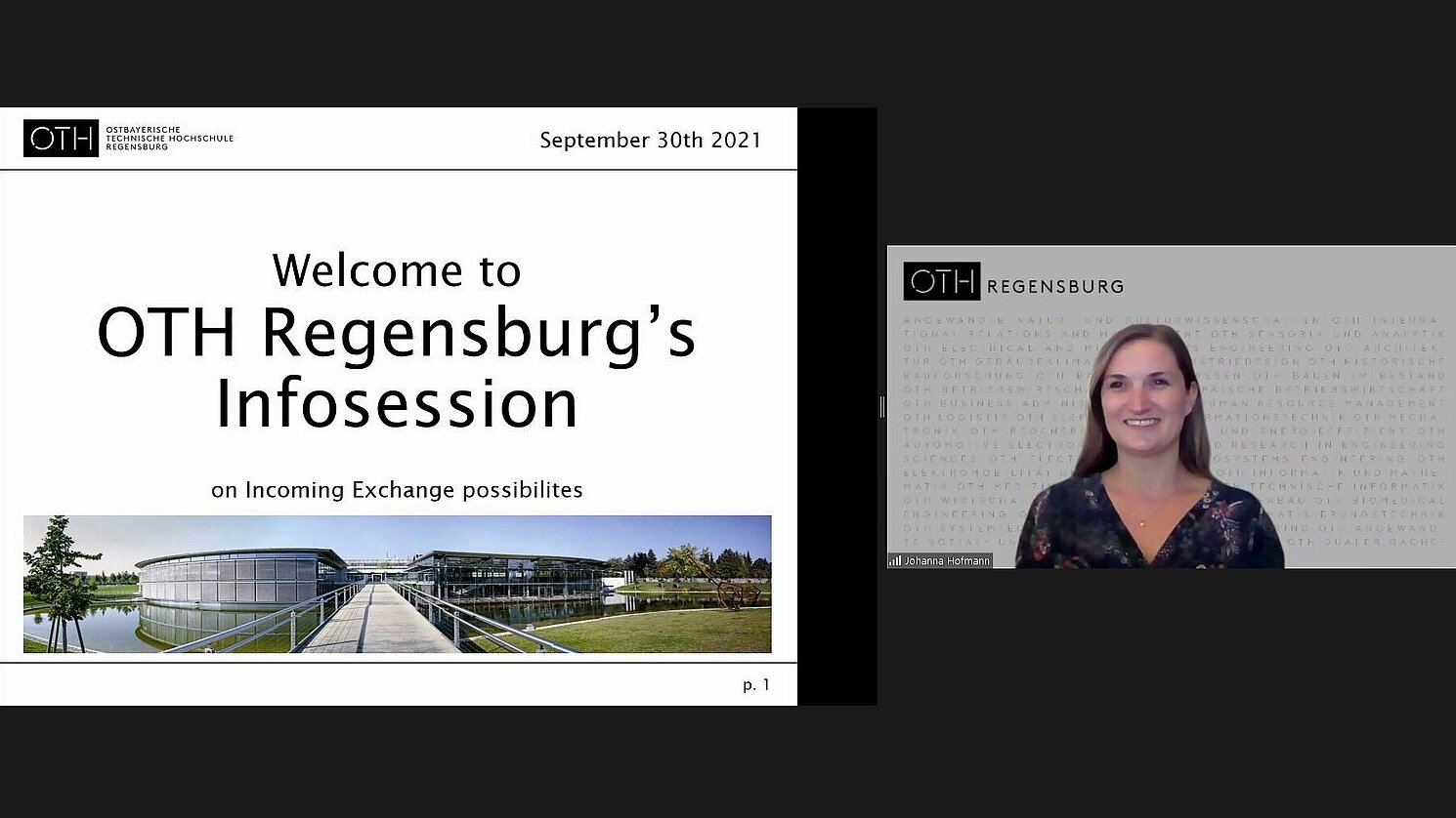 Johanna Hofmann vom Akademischen Auslandsamt informierte in der Live Info Session "Exchange Abroad@OTH Regensburg" unter anderem über Austauschmöglichkeiten an der OTH Regensburg und die allgemeinen Voraussetzungen für den Studierendenaustausch.