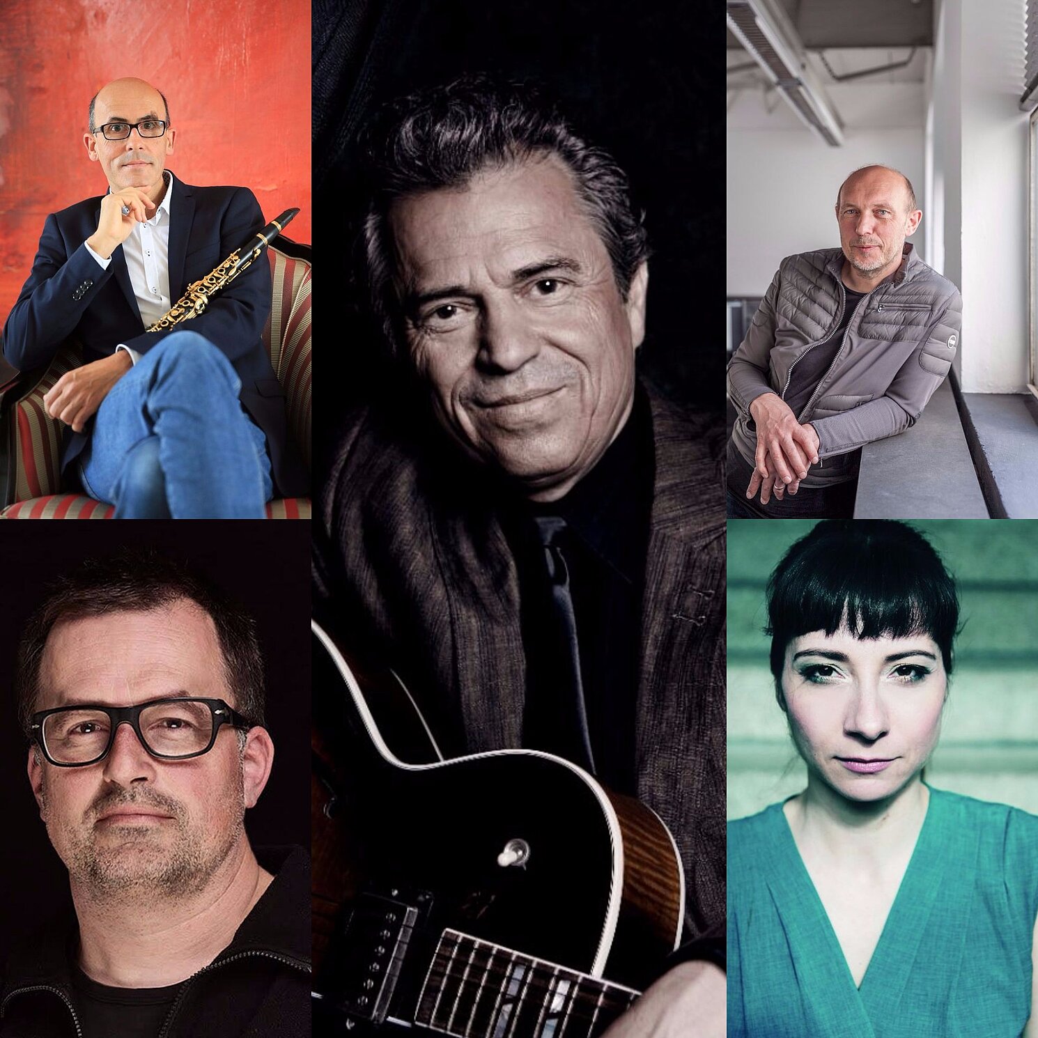 Vier Künstler und eine Künstlerin wurden am 8. November in München mit dem Kulturpreis Bayern ausgezeichnet: Musiker Günther Sigl (M.), Architekt Peter Haimerl (r. o.), Klarinettist Klaus Hampl (l. o.), Bildhauer Christian Schnurer (l. u.) und Rapperin Nina „Fiva“ Sonnenberg (r. u.). Foto: Collage/Bayernwerk AG