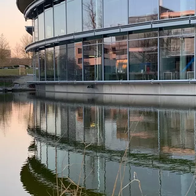 Blick auf die Bibliothek bei Sonnenuntergang