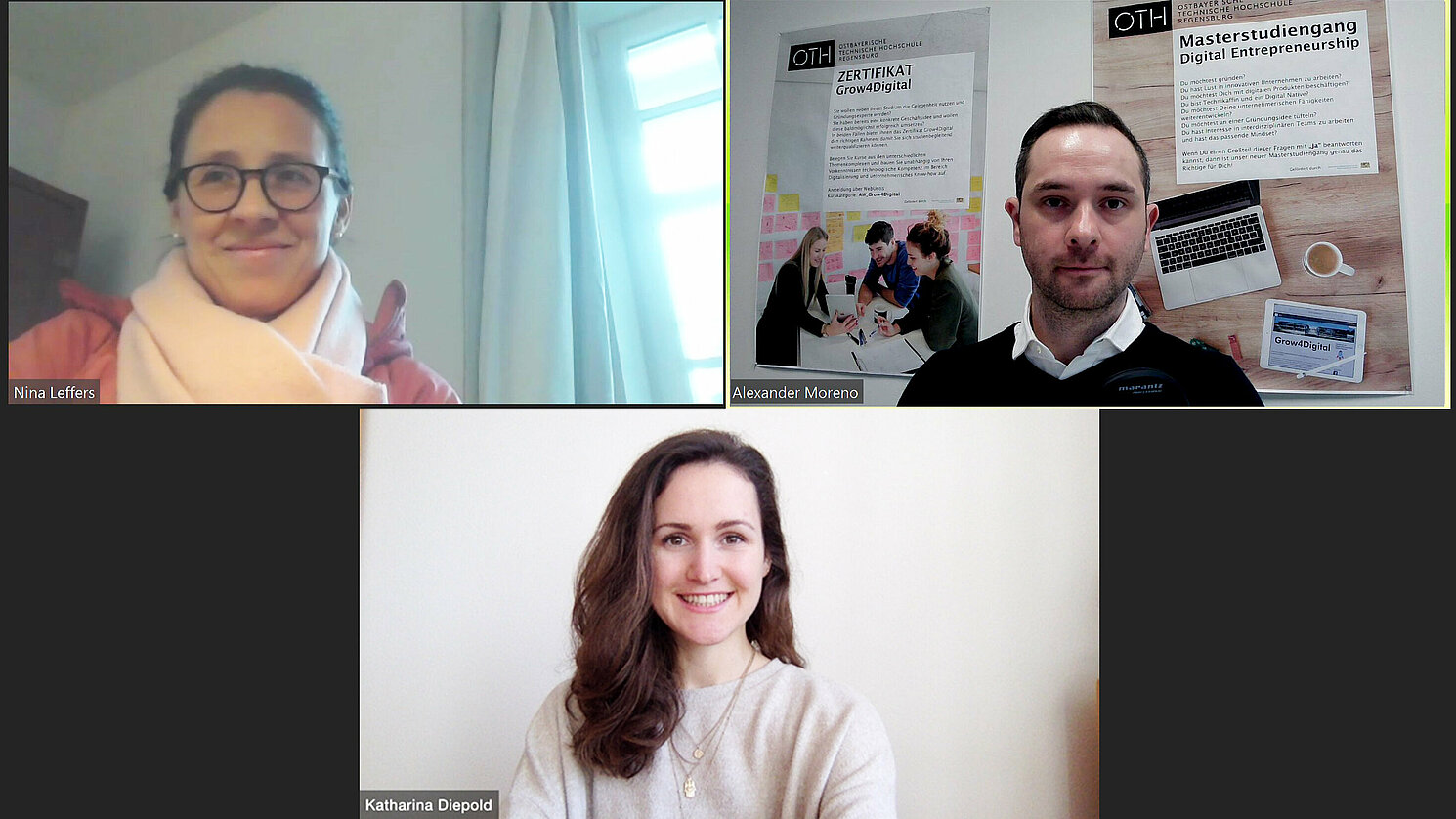 Katharina Diepold (unten) ist die erste Absolventin des Masterstudiengangs Digital Entrepreneurship. Gutachter*innen ihrer Forschungsarbeit waren Prof. Dr. Nina Leffers (links oben) und Alexander Ojeda Moreno (rechts oben).