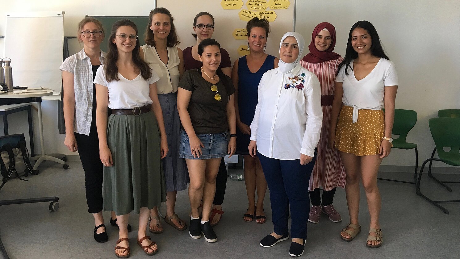 Von links: Prof. Dr. Sonja Haug, Mina Mittertrainer, M. A., und Carolin Gutmann, M. A., mit weiteren Teilnehmerinnen bei einem Workshop im Juni 2019 an der OTH Regensburg zum Thema Frauen mit Migrationshintergrund und ihre Teilhabechancen in Deutschland.