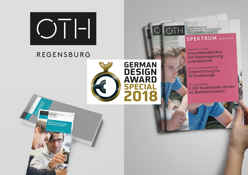 Das Corporate Design der OTH Regensburg hat beim German Design Award 2018 den Special Mention-Preis in der Kategorie Excellent Communications Design erhalten. 